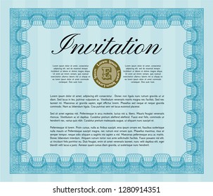 Light blue Invitation template. With linear background. Cordial design. Vector illustration. 