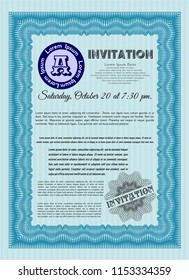 Light blue Invitation template. Lovely design. Customizable, Easy to edit and change colors. With guilloche pattern. 