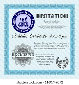 Light blue Invitation template. Lovely design. Detailed. With linear background. 