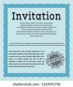 Light blue Invitation template. Lovely design. Customizable, Easy to edit and change colors. With guilloche pattern and background. 