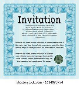 Light blue Invitation template. Lovely design. Detailed. With linear background. 
