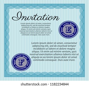 Light blue Invitation template. Money Pattern. Vector illustration. With linear background. 