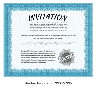 Light blue Invitation template. Money Pattern. With guilloche pattern and background. Vector illustration. 