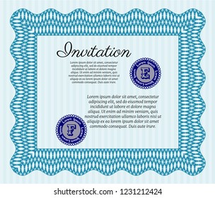Light blue Invitation template. Money Pattern. With great quality guilloche pattern. Detailed. 