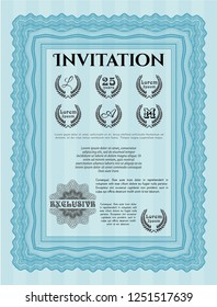 Light blue Invitation template. Money Pattern design. Detailed. With linear background. 