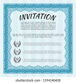 Light blue Invitation template. Nice design. Detailed. With guilloche pattern and background. 