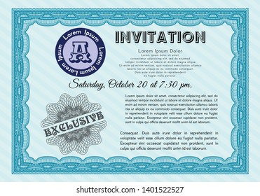 Light blue Invitation template. Nice design. With guilloche pattern. Detailed. 