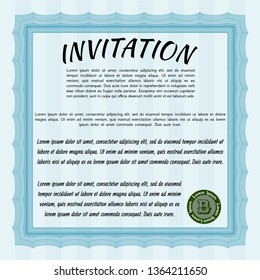 Light blue Invitation template. Perfect design. With great quality guilloche pattern. Detailed. 