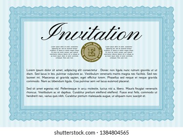 Light blue Invitation template. Perfect design. Vector illustration. With great quality guilloche pattern. 