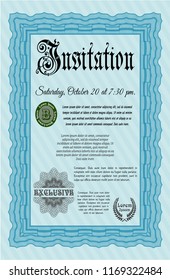 Light blue Invitation template. Printer friendly. Elegant design. Detailed. 