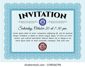 Light blue Invitation template. Printer friendly. Detailed. Retro design. 