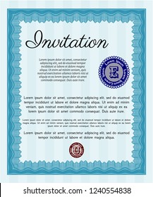 Light blue Invitation template. Printer friendly. Detailed. Money Pattern. 