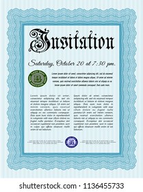 Light blue Invitation template. Retro design. With great quality guilloche pattern. Vector illustration. 
