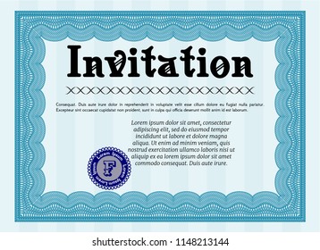 Light blue Invitation template. Retro design. Detailed. With guilloche pattern and background. 