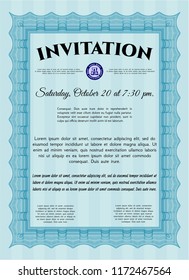 Light blue Invitation template. Retro design. Customizable, Easy to edit and change colors. With guilloche pattern. 