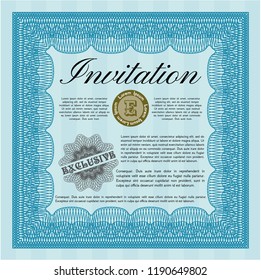 Light blue Invitation template. Retro design. Detailed. With guilloche pattern. 