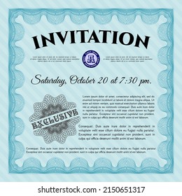 Light blue Invitation template. Sophisticated design. With guilloche pattern and background.  