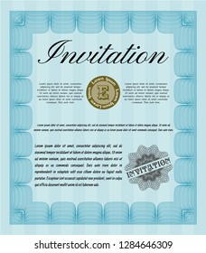 Light blue Invitation template. Vector illustration. With guilloche pattern and background. Good design. 