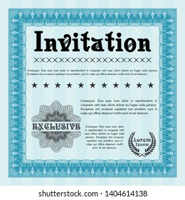 Light blue Invitation template. Vector illustration. With guilloche pattern. Superior design. 