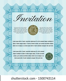 Light blue Invitation template. Vector illustration. Printer friendly. Money Pattern. 