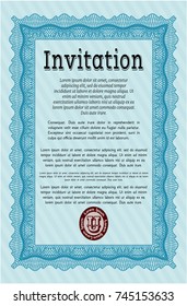 Light blue Invitation template. Vector illustration. With guilloche pattern. Nice design. 