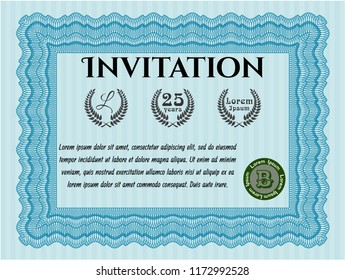 Light blue Invitation. Vector illustration. With guilloche pattern and background. Money design. 