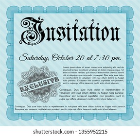 Light blue Invitation. Vector illustration. With guilloche pattern. Retro design. 