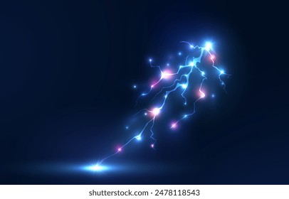 Light blue isolated vector lightning png. Realistic natural neon lightning effectThunderstorm. Strength Energy charge Thunder. Blitz Lightning Thunder Light Sparks Storm Flash