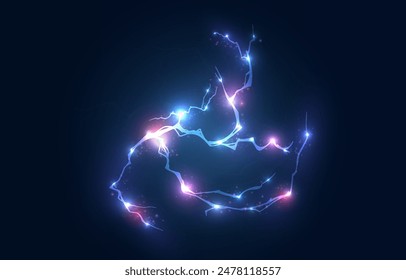 Png de relámpago de Vector aislado azul claro. Efecto de rayo de neón natural realistaTormenta eléctrica. Fuerza Recargo de energía Trueno. Luz del rayo de Blitz Thunder enciende destello de tormenta