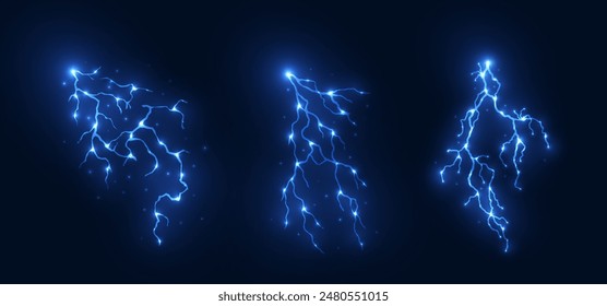 Light blue isolated vector lightning png. Realistic natural neon lightning effectThunderstorm. Strength Energy charge Thunder. Blitz Lightning Thunder Light Sparks Storm Flash