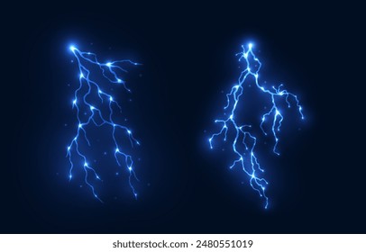 Light blue isolated vector lightning png. Realistic natural neon lightning effectThunderstorm. Strength Energy charge Thunder. Blitz Lightning Thunder Light Sparks Storm Flash