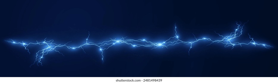 Png de relámpago de Vector aislado azul claro. Efecto de rayo de neón natural realistaTormenta eléctrica. Fuerza Recargo de energía Trueno. Luz del rayo de Blitz Thunder enciende destello de tormenta	
