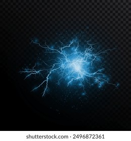 Luz azul aislado Vector rayo png. Efecto de relámpago de neón natural realista Thunderstorm. Fortaleza Recargo de energía Trueno. Luz de relámpago Blitz Thunder enciende destello de tormenta	
