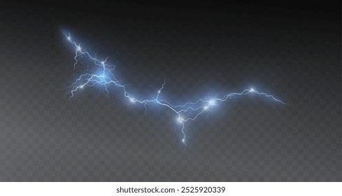 Vetor isolado azul claro png relâmpago. Realista natural neon relâmpago efeito Trovão tempestade. Força carga de energia Thunder. Luz de relâmpago brilhante faísca flash de tempestade	