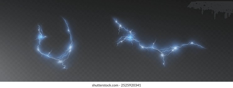 Luz azul aislado Vector rayo png. Efecto de relámpago de neón natural realista Tormenta de truenos. Fortaleza Recargo de energía Trueno. Luz de relámpago Blitz Thunder enciende destello de tormenta	