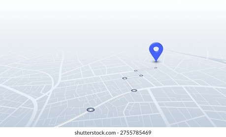 Light blue isometric city map with segmented path leading to large blue location pin. Vector illustration.