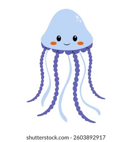 Light blue jellyfish with purple tentacles and a smiling face floating on a white background