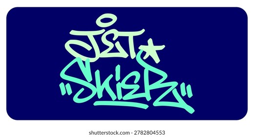 Light blue jet skier graffiti hand style lettering with star on dark blue background. Water sports themed urban street art for coastal branding and creative summer apparel graphics.