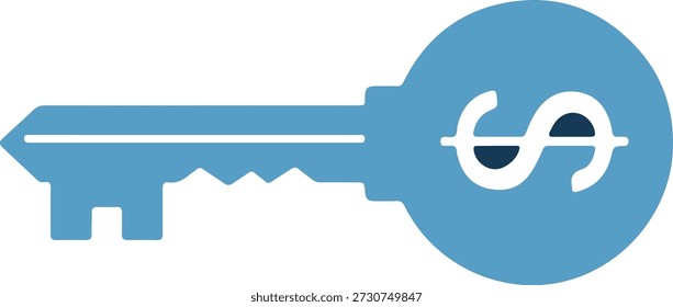 Una llave azul claro con un símbolo de moneda blanca en su cabeza circular, sobre un fondo blanco para conceptos financieros o comerciales