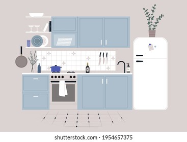 A Light Blue Kitchen Interior With Vintage Cupboards And Decorated Tile Floor, No People, Empty Scene