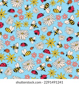 Light blue Ladybugs and Bees seamless pattern background. Summer pattern with flowers and bugs. Doodle bugs pattern.