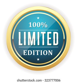 Light blue limited edition button with gold border on white background