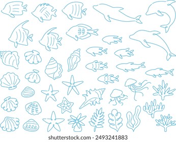 Light blue line drawing illustration set of sea creatures