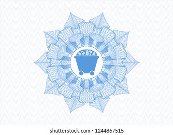 Light blue linear rosette with Bitcoin mining trolley icon inside