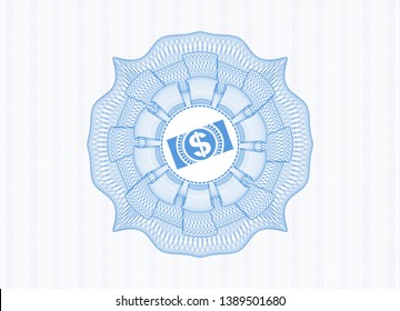 Light blue linear rosette with money, dollar bill icon inside