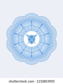 Light blue linear rosette with swords crossed with shield icon inside