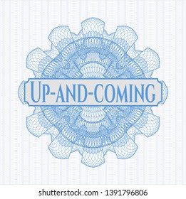 Light blue linear rosette with text Up-and-coming inside