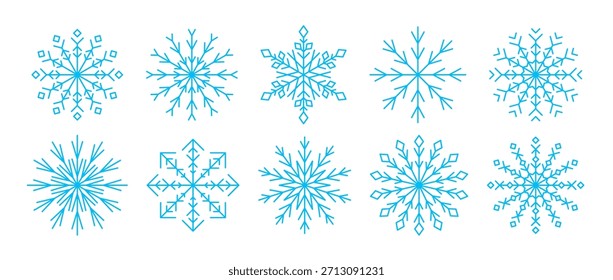 Coleção de flocos de neve lineares azul claro. Simples ícone de floco de neve definido para Natal e decoração Feliz Ano Novo, decoração de férias de inverno, elementos de design de cartão de saudação. Pacote de ilustração vetorial