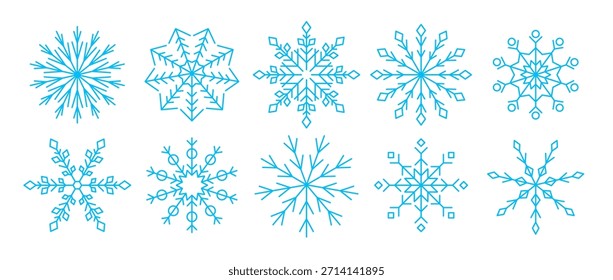 Coleção de flocos de neve lineares azul claro. Simples ícone de floco de neve definido para Natal e decoração Feliz Ano Novo, decoração de férias de inverno, cartão de saudação, elementos de design de logotipo. Pacote de ilustração vetorial