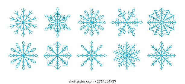 Coleção de flocos de neve lineares azul claro. Simples conjunto de flocos de neve para decoração de Natal e Feliz Ano Novo, decoração de férias de inverno, cartão de saudação, logotipo, ícone, elementos de design. Pacote de ilustração vetorial